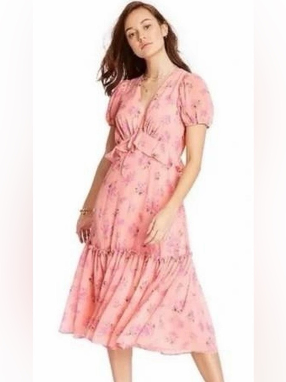 LoveShackFancy Pink Floral Maxi Dress with Ruffle Details